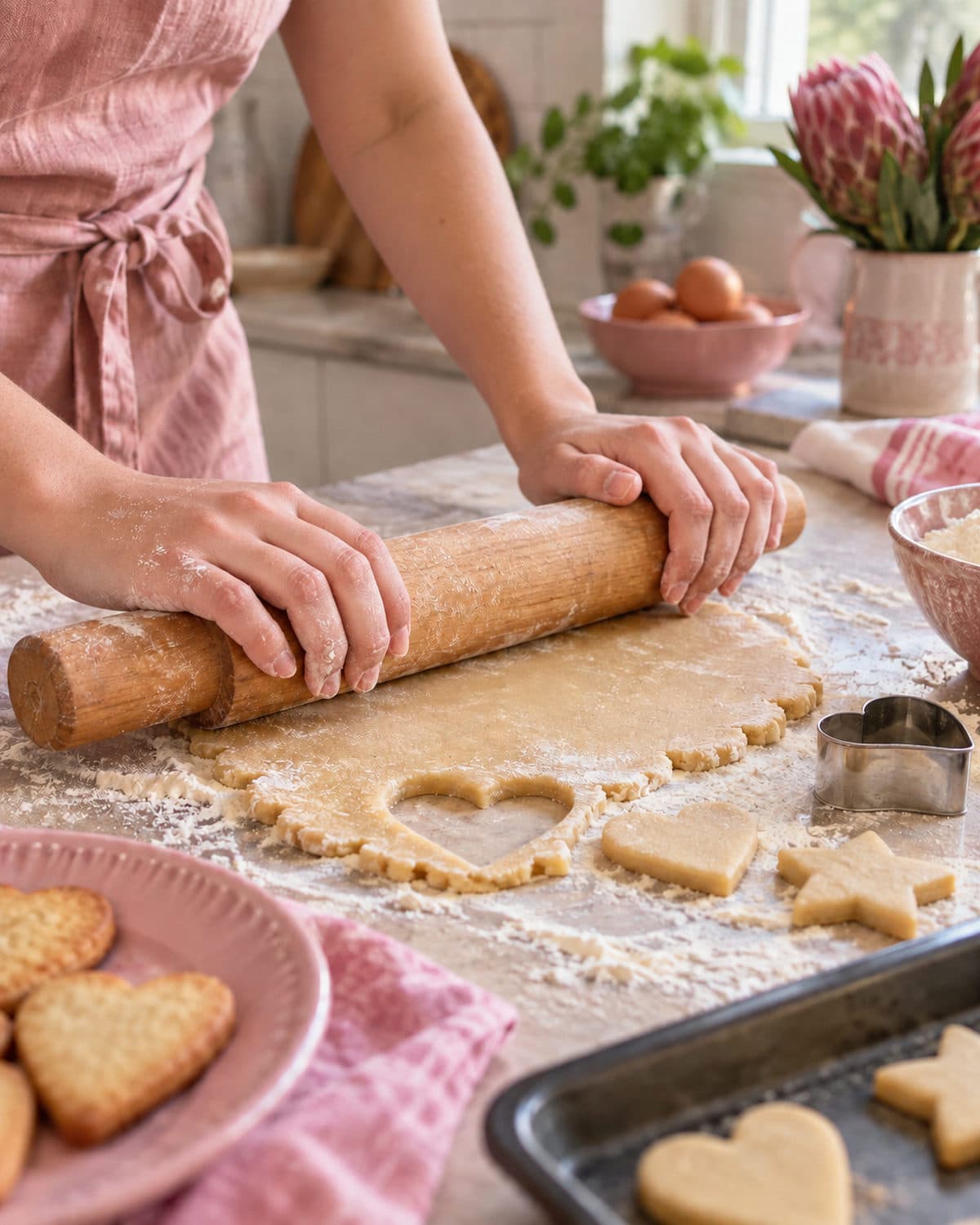 Hands rolling cookie dough on a floured counter