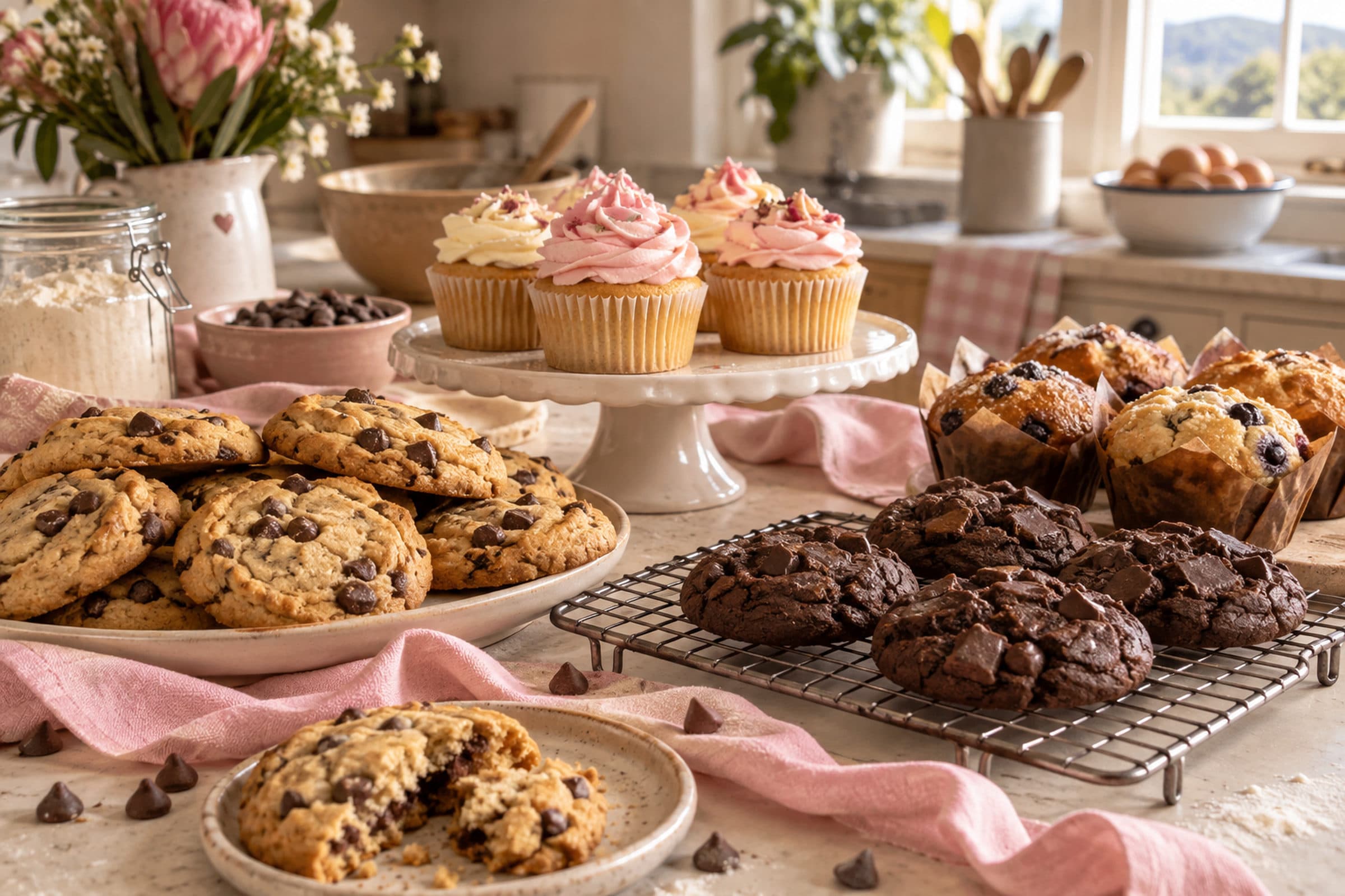 A table of homemade cookies, cupcakes and muffins with a pink ribbon